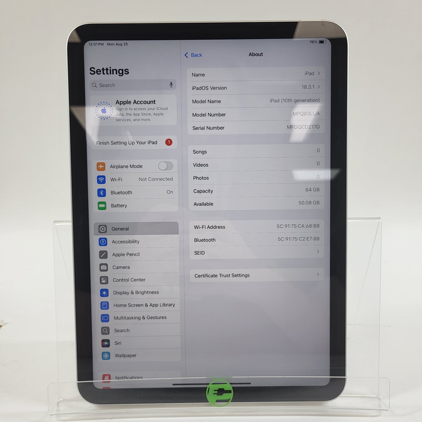 WiFi Only Apple iPad 10th Gen 64GB Silver A2696