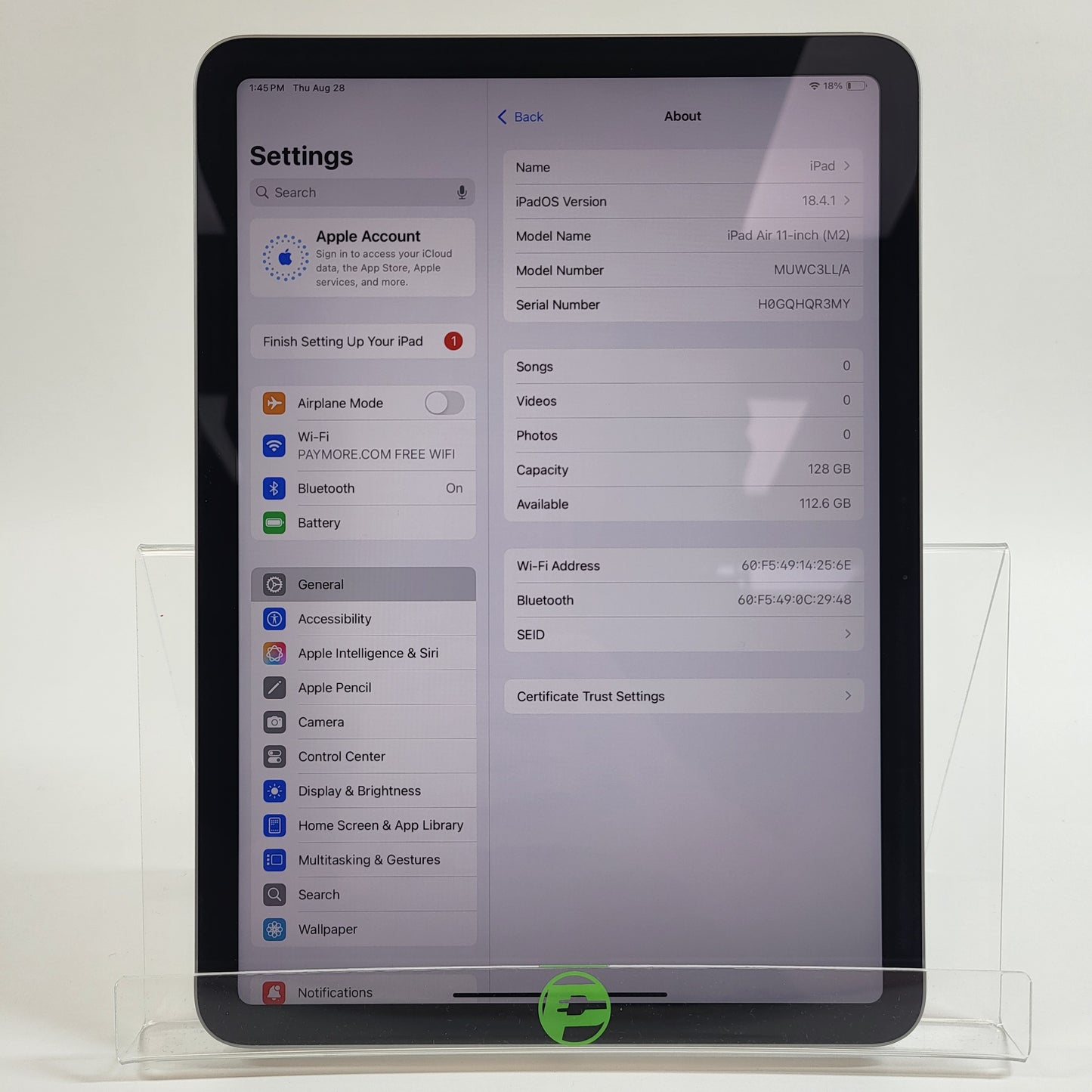 Wifi Only Apple iPad Air 11" M2 128GB 18.4.1 Space Gray MUWC3LL/A
