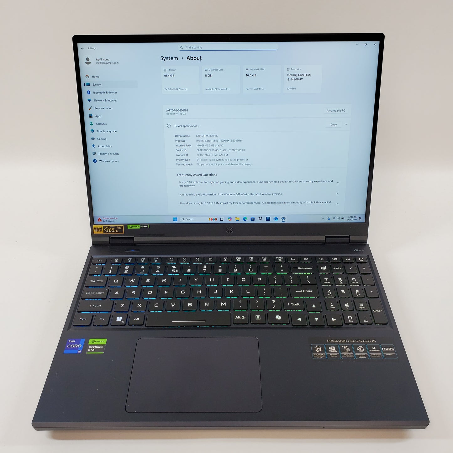Acer Predator Helios 16 PHN16-72 14" 3.9GHz 8GB RAM 1TB SSD NIVIDIA