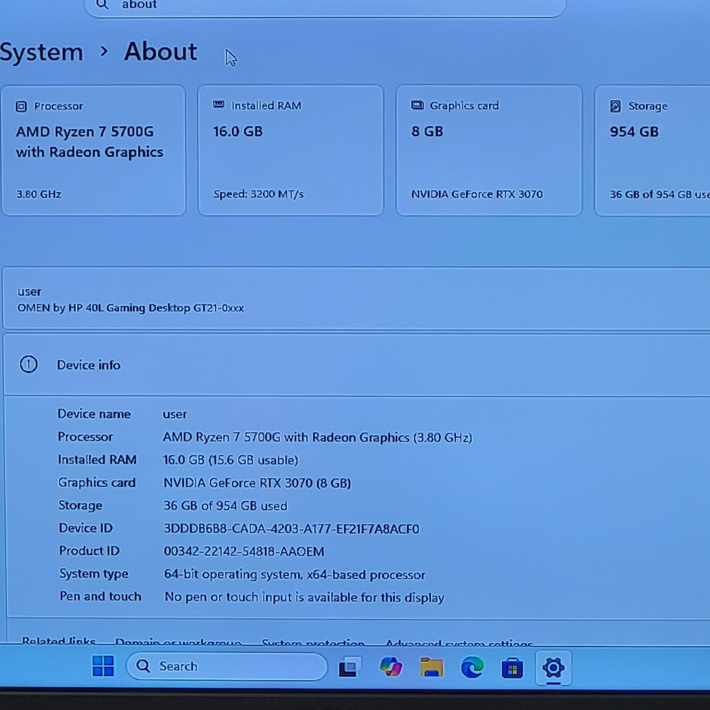 OMEN 40L Ryzen 7 5700G 3.80GHz 16GB RAM 1TB SSD Nvidia GeForce RTX 3070