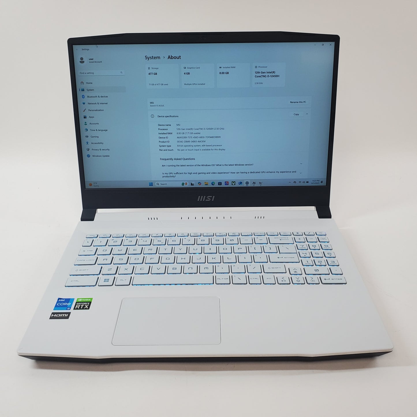 MSI Sword 15 A12UC 15.6" i5-12450H 2.5GHz 8GB RAM 512GB SSD GeForce RTX 3050