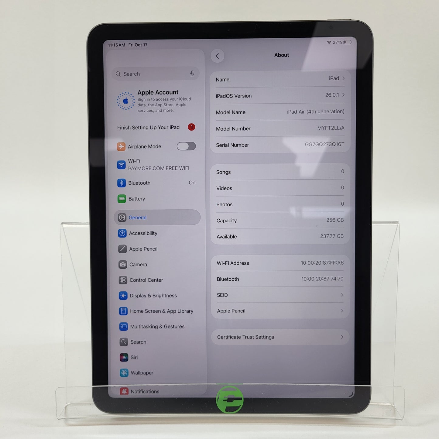 WiFi Only Apple iPad Air 4th Gen 256GB Space gray MYFT2LL/A