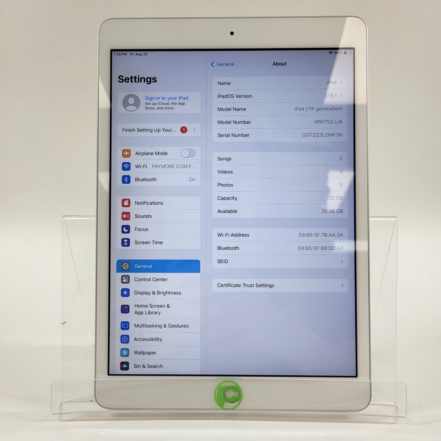 WiFi Only Apple iPad 7th Gen 32GB 17.6.1 Silver MW752LL/A