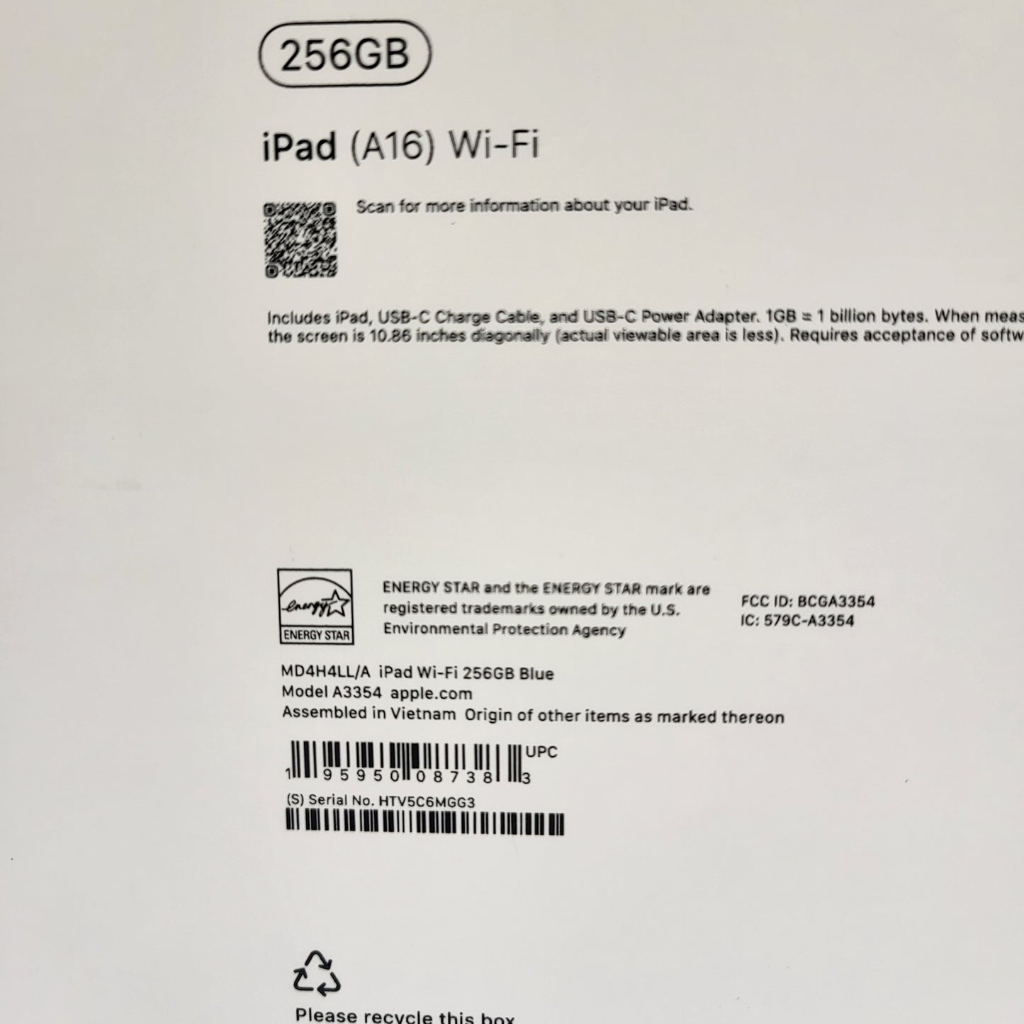 New WiFi Only Apple iPad 11" (A16) 256GB Blue MD4H4LL/A