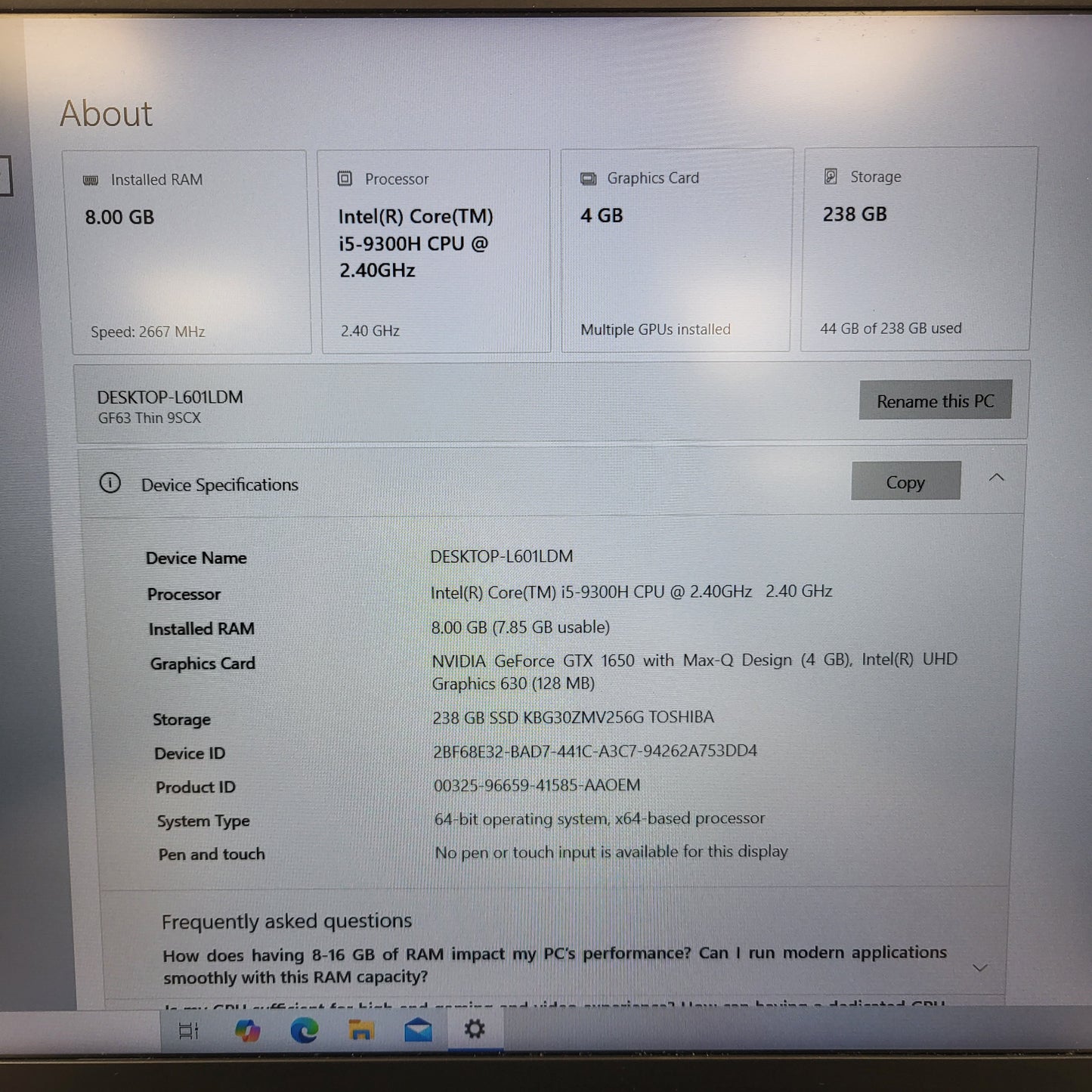 MSI Thin GF63 9SCX 15.6" i5-9300H 8GB RAM 256GB SSD GeForce GTX 1650 Max Q
