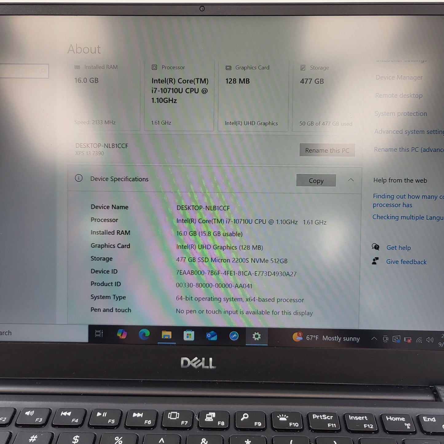 Dell xps 13 7390 P82G 13.3" i7-10710u 1.1GHz 16GB RAM 512GB SSD READ