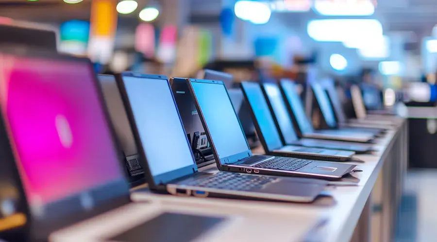Gaming laptops displayed in store showcasing graphics and performance