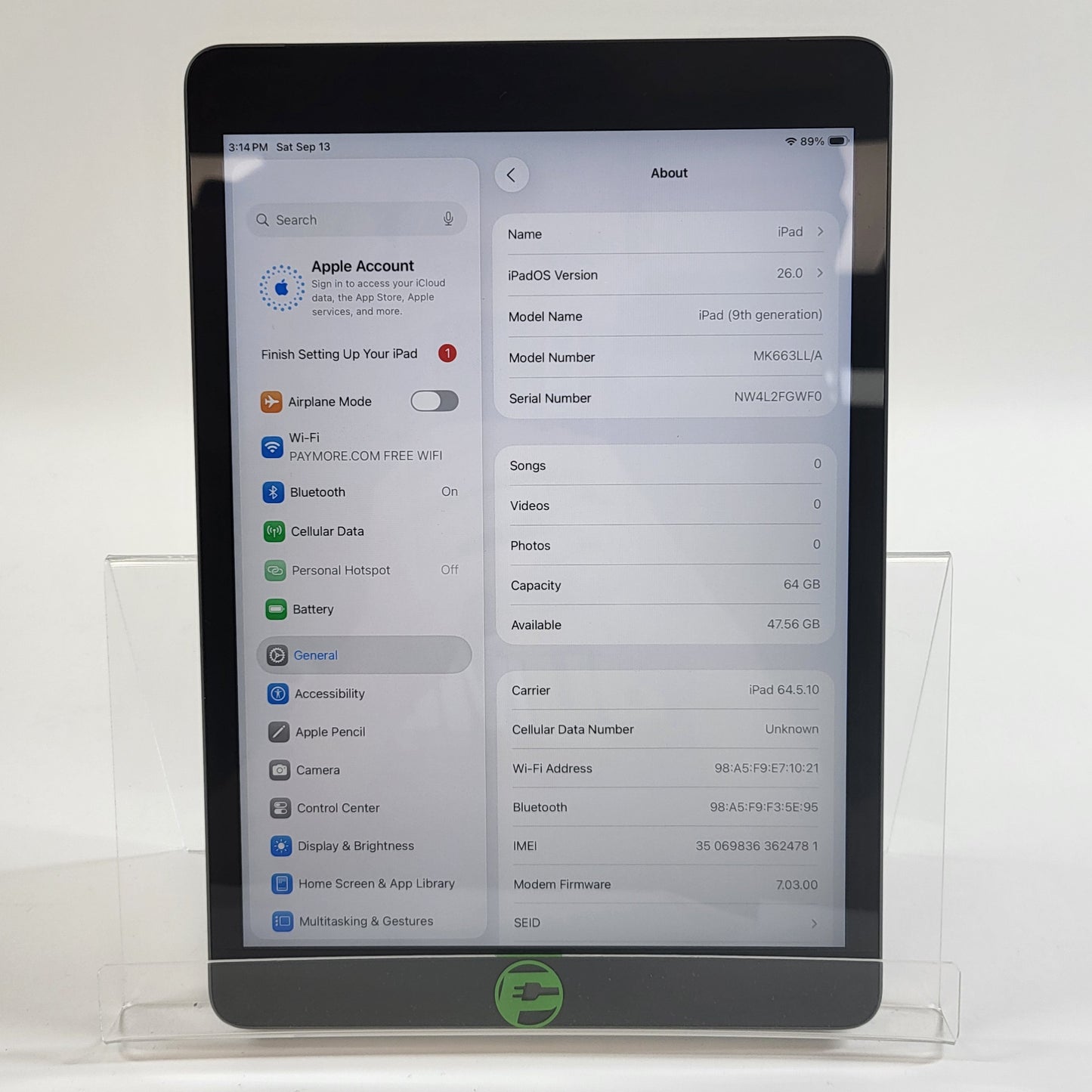 Verizon Apple iPad 9th Gen 64GB Space Gray MK663LL/A