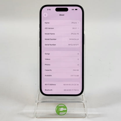 Factory Unlocked Apple iPhone 16 256GB Black MYAX3LL/A