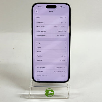 Factory Unlocked Apple iPhone 14 Pro Max 256GB Deep Purple MQ8W3LL/A