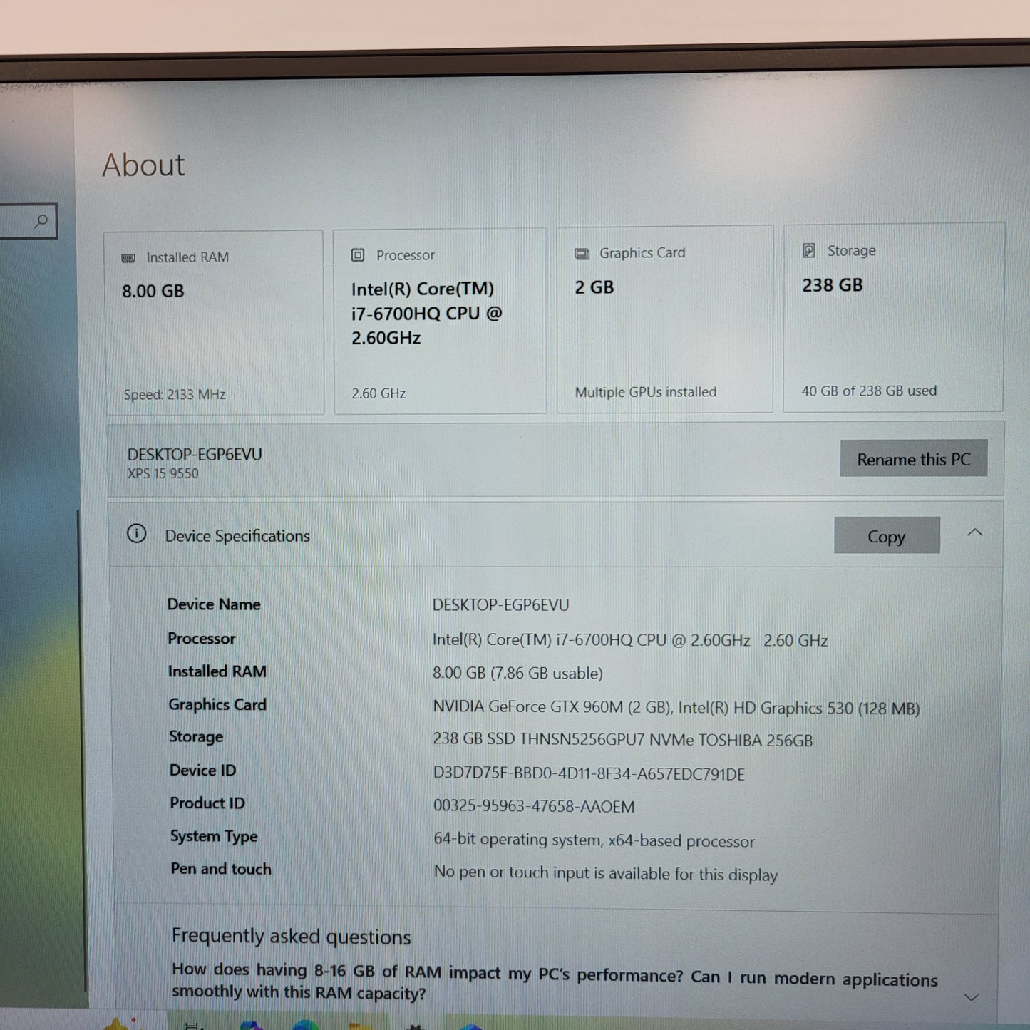 Dell XPS 9550 15.6" i7-6700HQ 2.6GHz 8GB RAM 256GB SSD GeForce GTX 960M