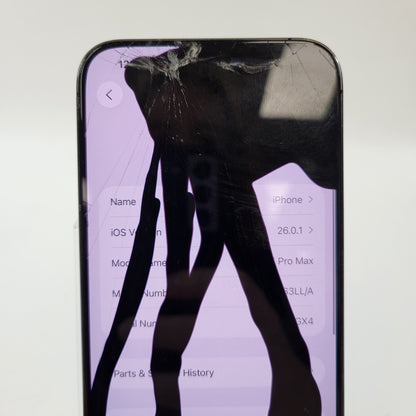 Broken Unlocked Apple iPhone 15 Pro Max 256GB 26.0.1  Cracked Screen and Bad LCD