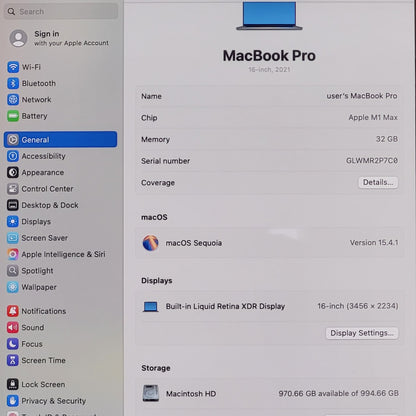 2021 Apple MacBook Pro 16" M1 Max 32C GPU 3.2GHz 32GB RAM 1TB SSD MK1A3LL/A