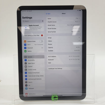 WiFi Only Apple iPad 10th Gen 64GB Silver A2696