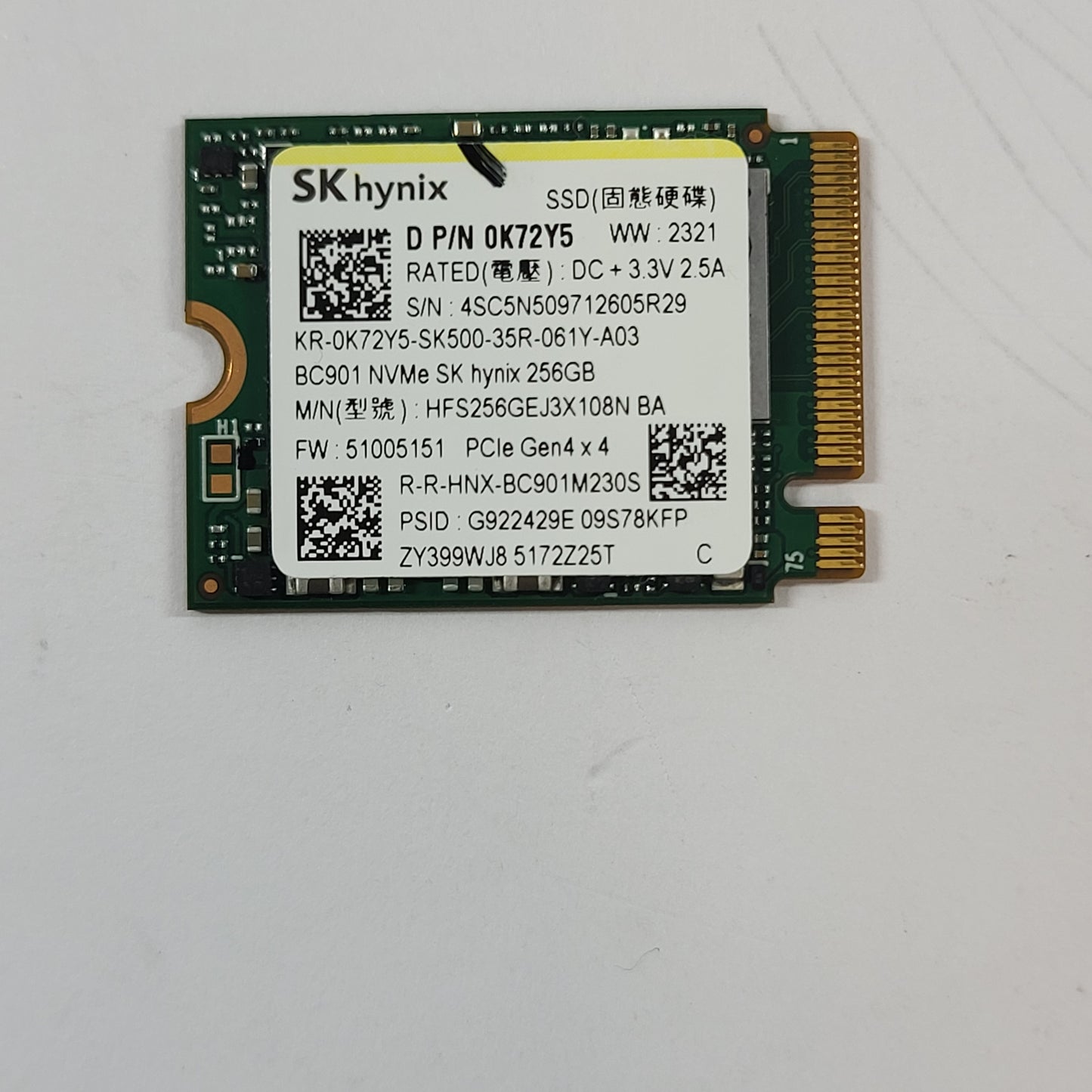 SK Hynix 2280mm KR-0K72Y5 256GB M.2 NVMe Gen 4.0 x 4 SSD KR-0K72Y5