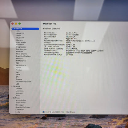 2021 Apple MacBook Pro 16" M1 Pro 16C GPU 3.2GHz 16GB RAM 512GB SSD MK183LL/A