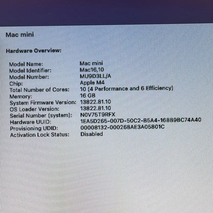 2024 Apple Mac Mini M4 10 Core 4.5GHz 16GB RAM 256GB SSD MU9D3LL/A