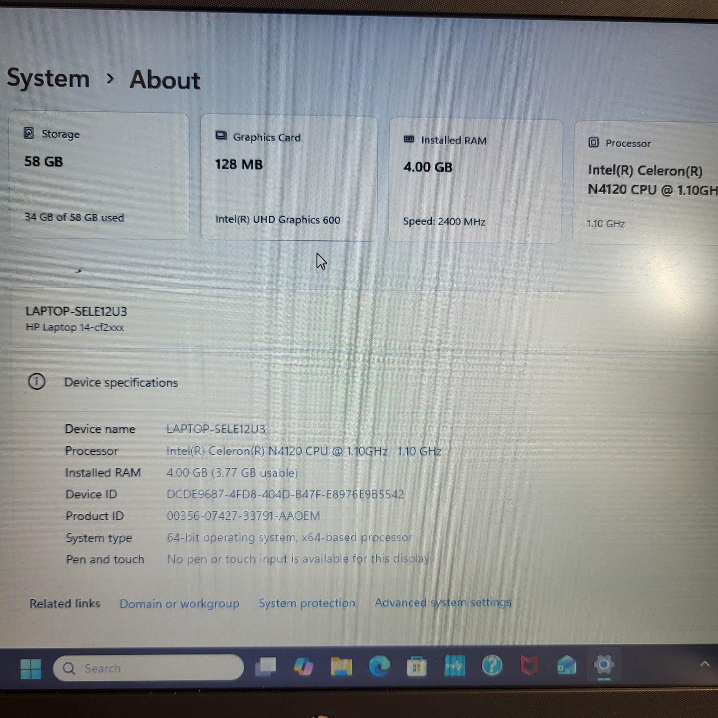 HP Laptop 14-cf2112wm 13.9" Celeron N4120 1.1GHz 4GB RAM 64GB SSD READ
