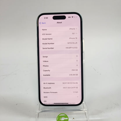 Factory Unlocked Apple iPhone 16 256GB Teal MYD23LL/A