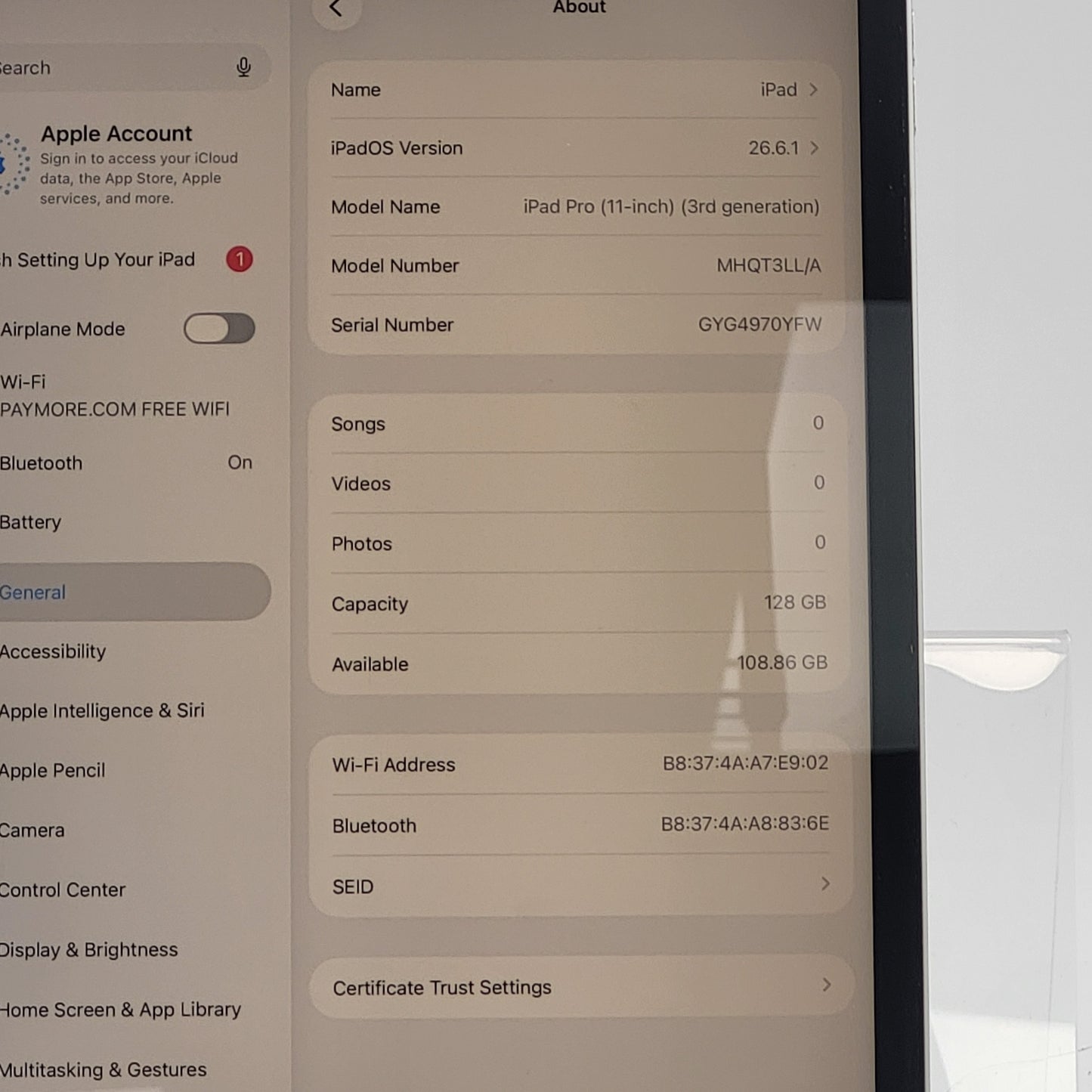 WiFi Only Apple iPad Pro 11" 3rd Gen 128GB Silver MHQT3LL/A