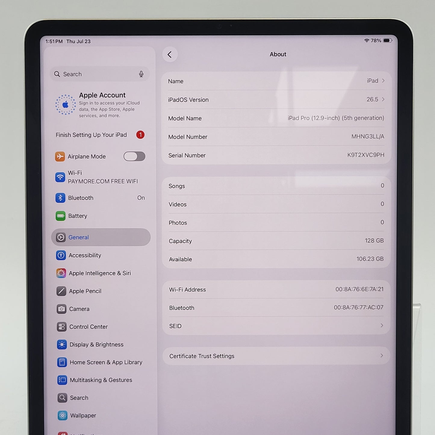 WiFi Only Apple iPad Pro 12.9" 5th Gen 128GB Silver MHNG3LL/A