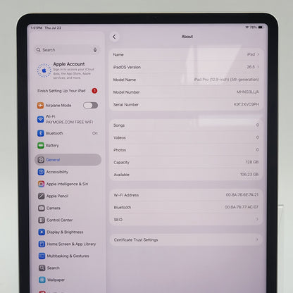 WiFi Only Apple iPad Pro 12.9" 5th Gen 128GB Silver MHNG3LL/A