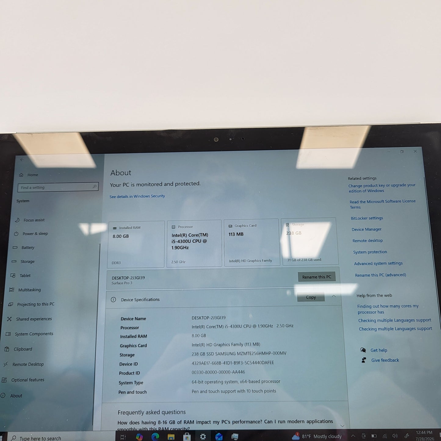 Microsoft Surface Pro 3 12" i5-4300U 1.9GHz 8GB RAM 256GB SSD