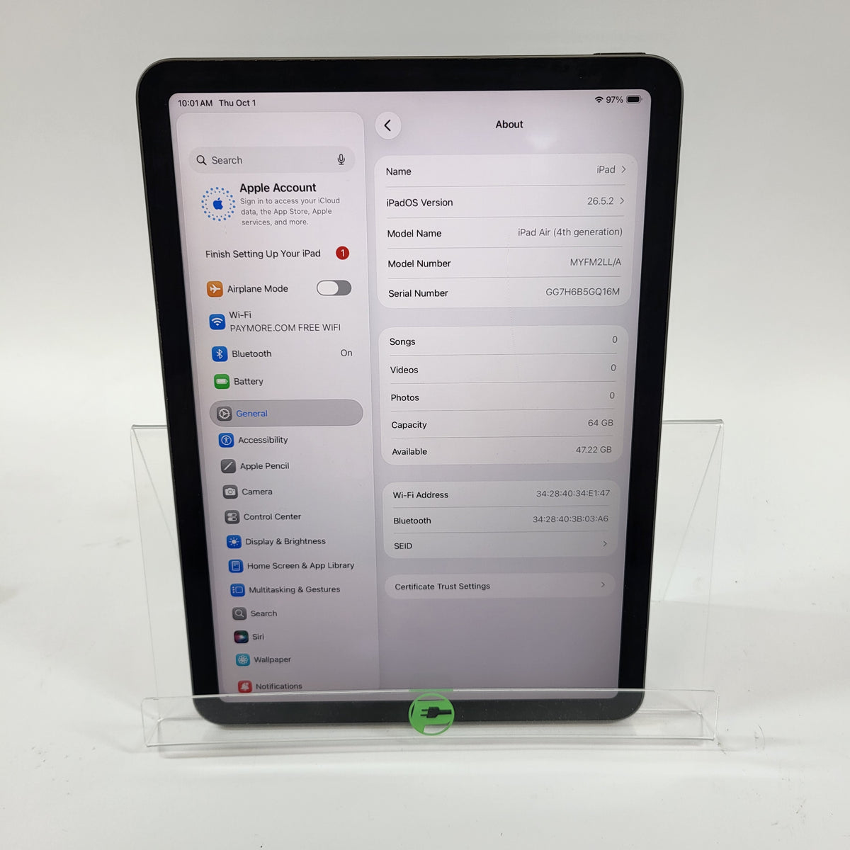 WiFi Only Apple iPad Air 4th Gen 64GB 26.5 Space Gray MYFM2LL/A READ