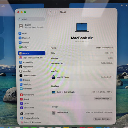 2024 Apple MacBook Air 13.6" M3 8C GPU 4.0GHz 8GB RAM 256GB SSD A3113 READ