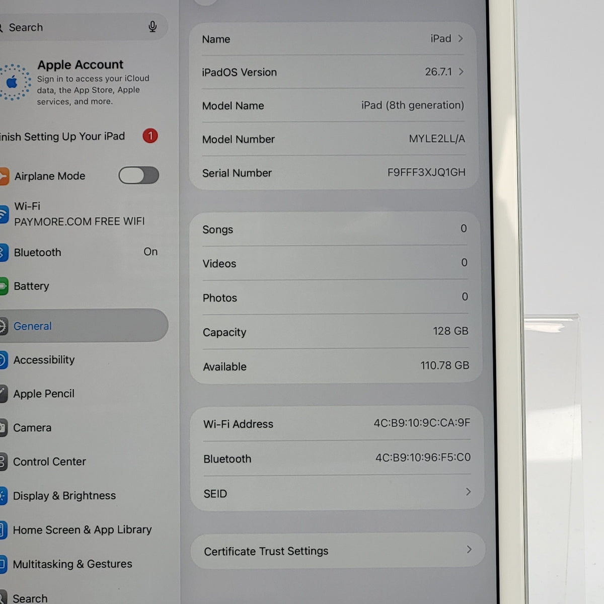 WiFi Only Apple iPad 8th Gen 128GB Silver MYLE2LL/A