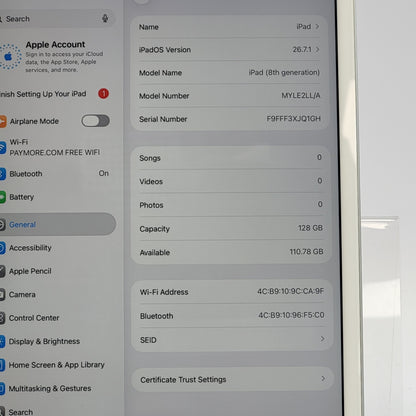 WiFi Only Apple iPad 8th Gen 128GB Silver MYLE2LL/A