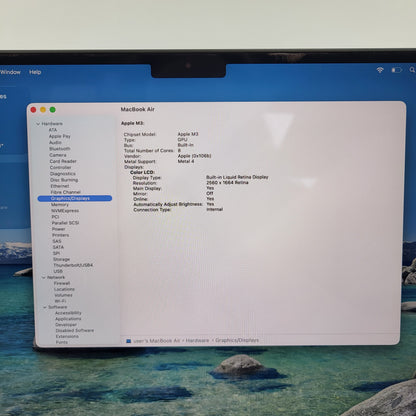 2024 Apple MacBook Air 13.6" M3 8C GPU 4.0GHz 8GB RAM 256GB SSD A3113 READ