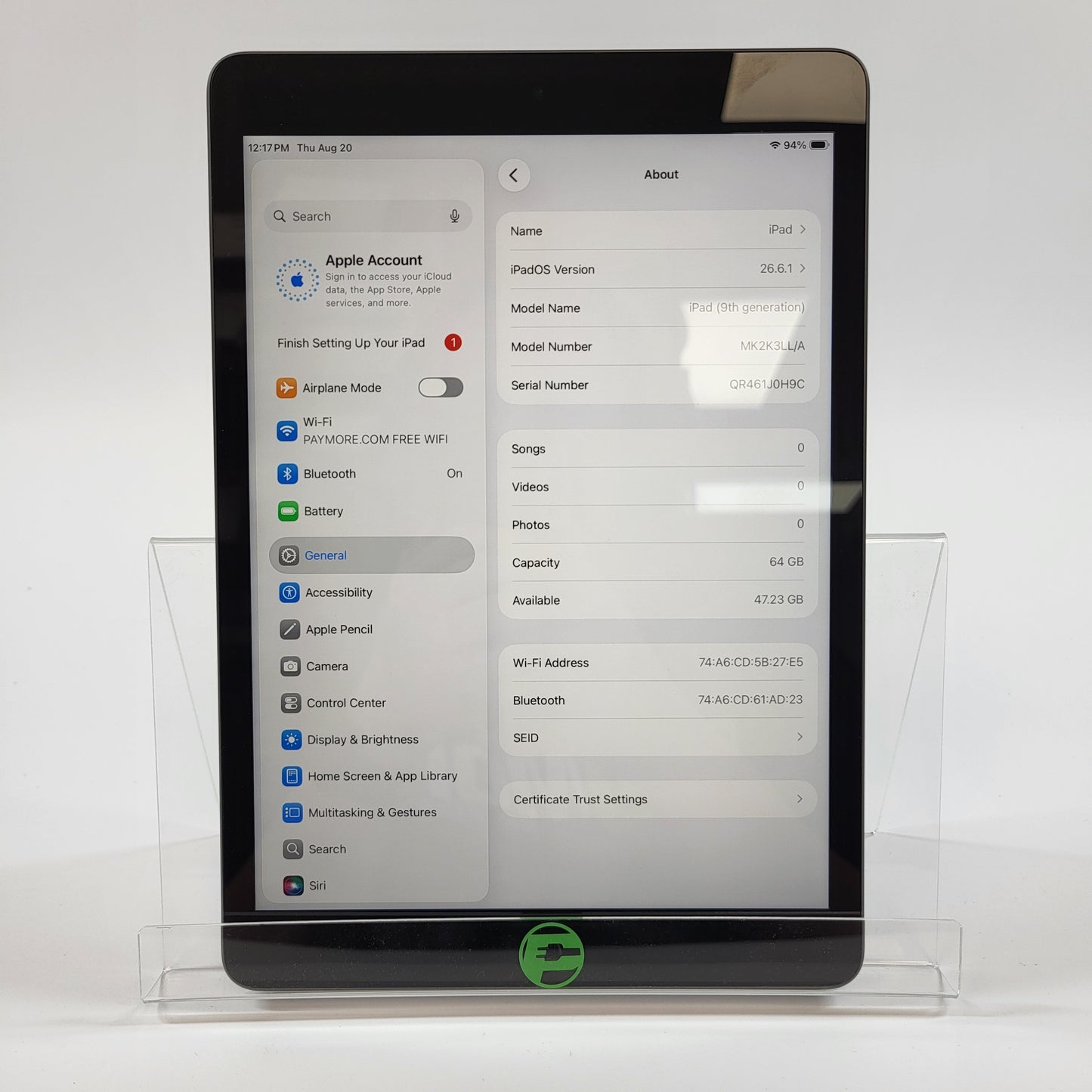 WiFi Only Apple iPad 9th Gen 64GB Space Gray MK2K3LL/A