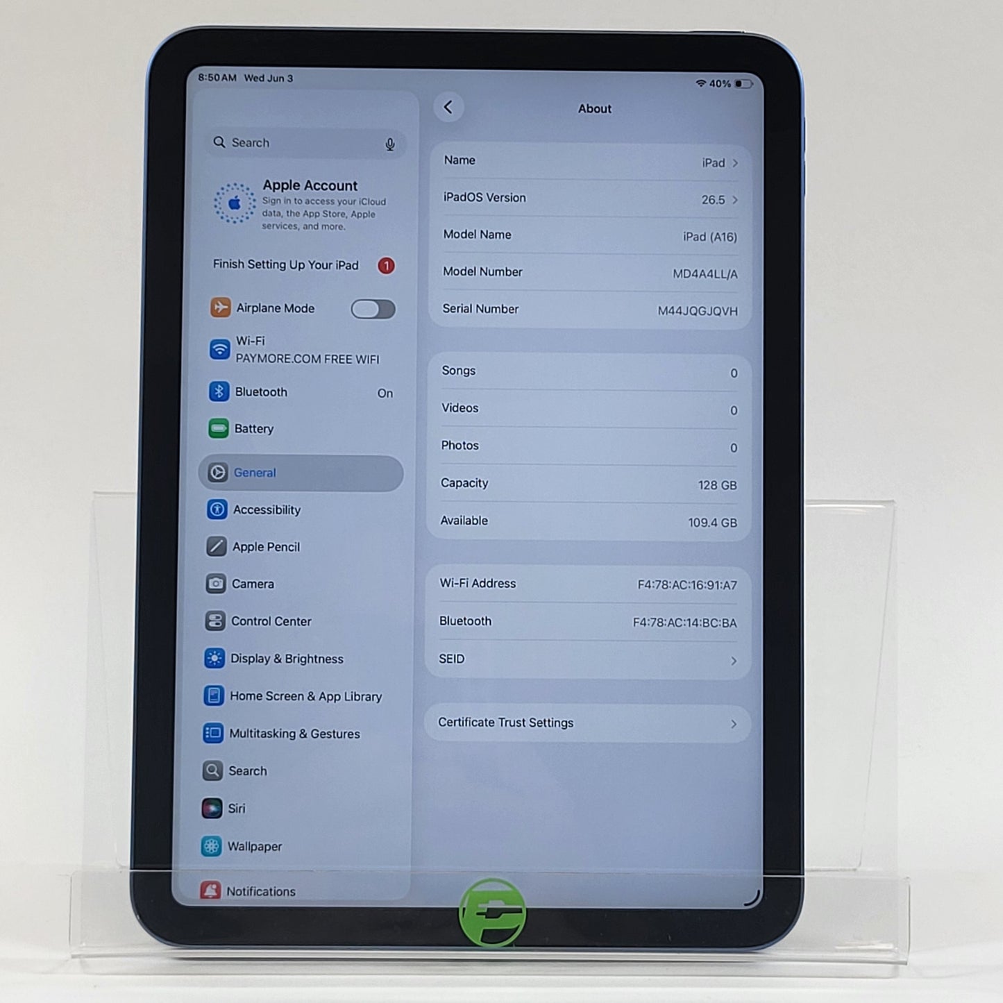 WiFi Only Apple iPad 11" (A16) 128GB Blue MD4A4LL/A