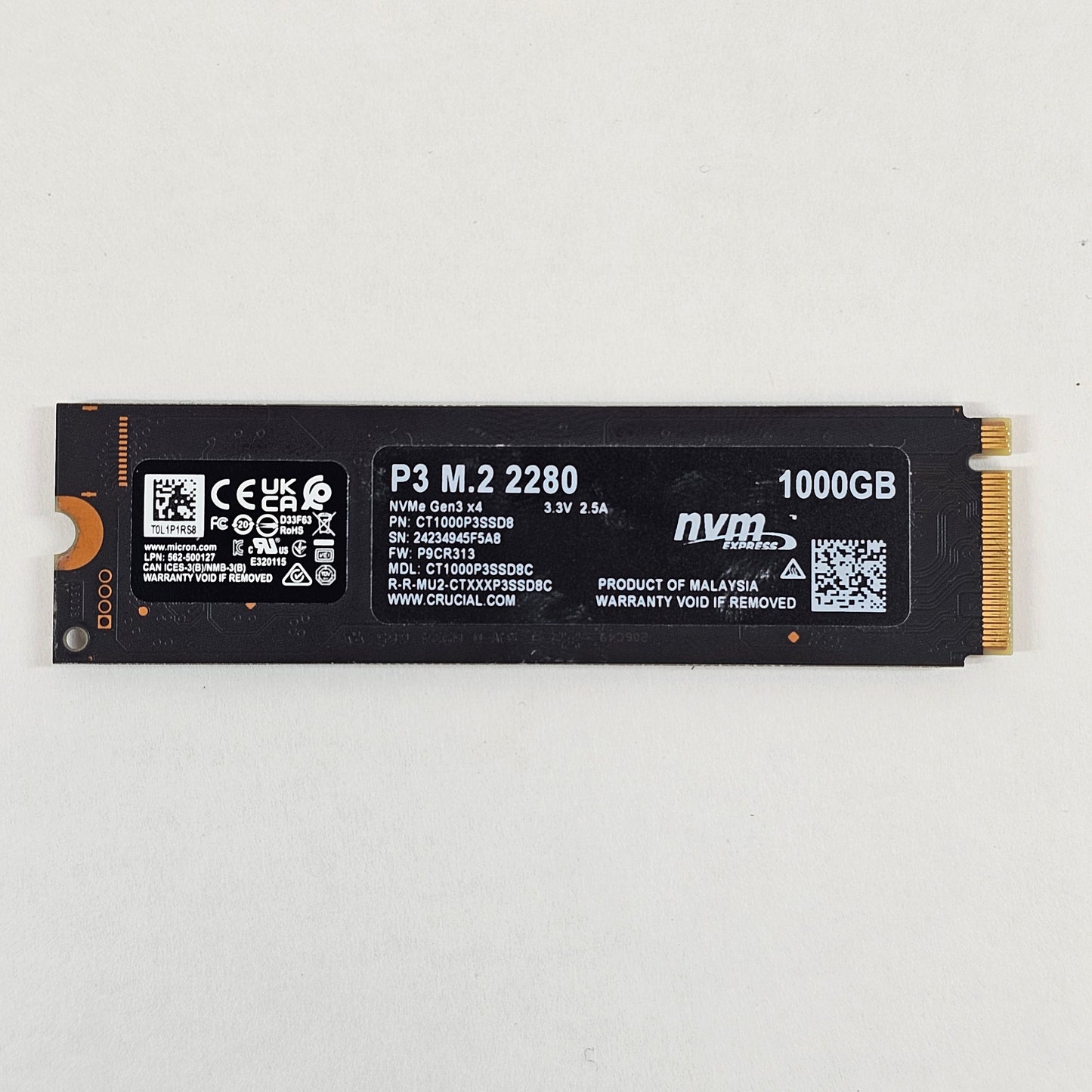Crucial 2280mm P3 1TB M.2 NVMe Gen 3.0 x 4 SSD CT1000P3SSD8