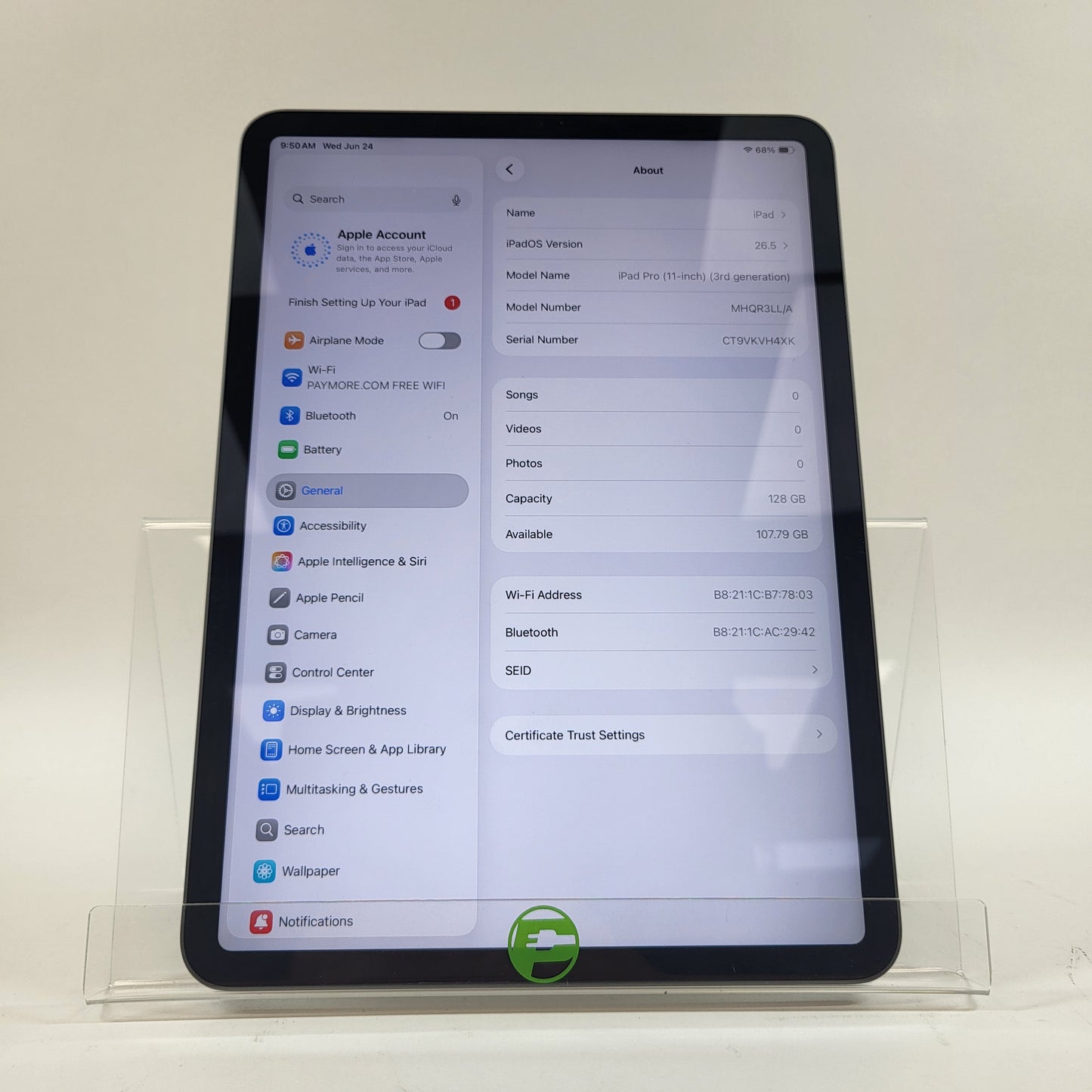 WiFi Only Apple iPad Pro 11" 3rd Gen 128GB Space Gray MHQR3LL/A