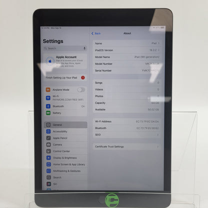 WiFi Only Apple iPad 9th Gen 64GB Space gray MK2K3LL/A