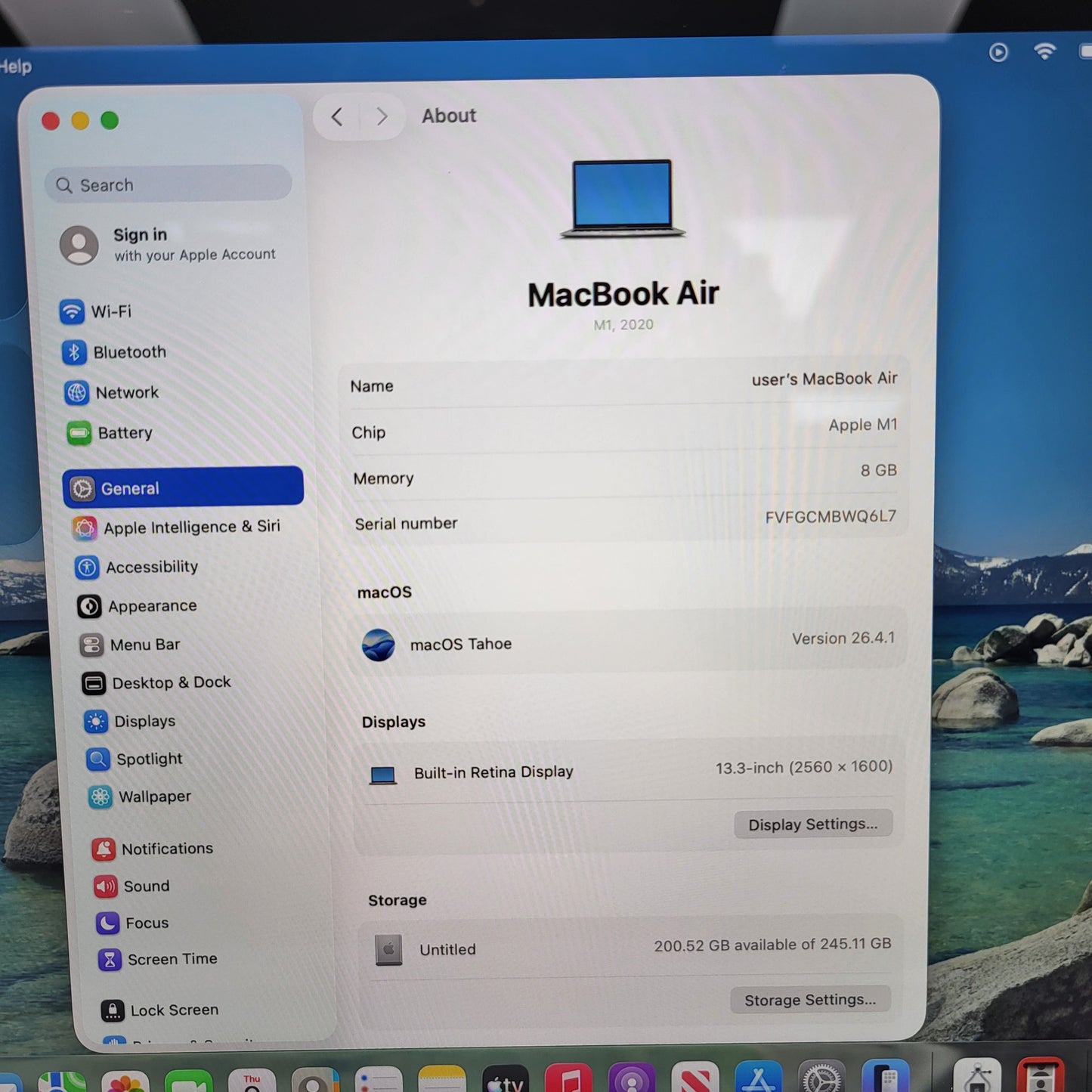 2020 Apple MacBook Air 13.3" M1 8C GPU 3.2GHz 8GB RAM 256GB SSD A2337