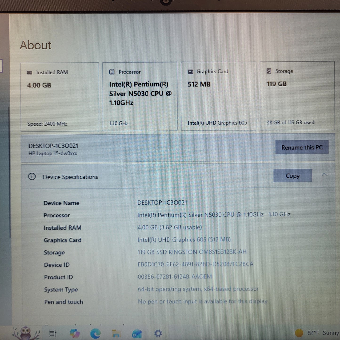 Broken HP Laptop 15-DW0XXX 15.6" Pentium Silver N5030 4GB RAM 128GB SSD READ