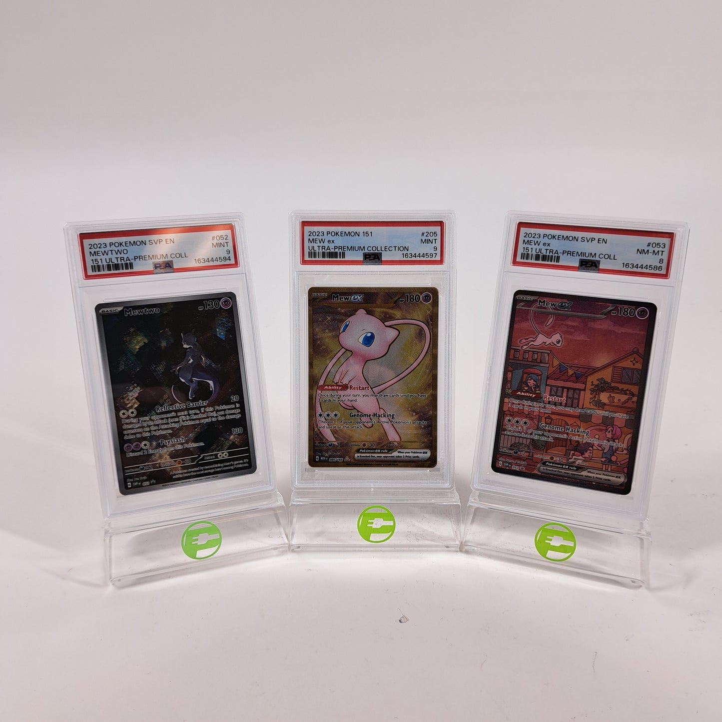 Pokémon TCG 151 UPC Promo Set Mew 053, Mewtwo 052,Metal Mew 205/165 PSA 9, PSA 8