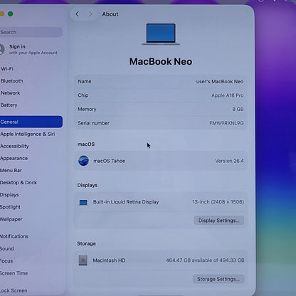 2026 Apple MacBook Neo 13" A18 Pro 5C GPU 4.0GHz 8GB RAM 512GB SSD MHFC4LL/A