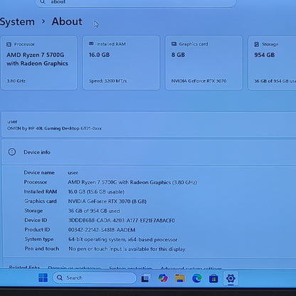 OMEN 40L Ryzen 7 5700G 3.80GHz 16GB RAM 1TB SSD Nvidia GeForce RTX 3070