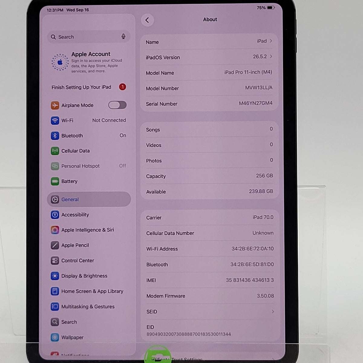 Factory Unlocked Apple iPad Pro 11" M4 256GB Space Black MVW13LL/A