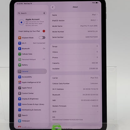 Factory Unlocked Apple iPad Pro 11" M4 256GB Space Black MVW13LL/A