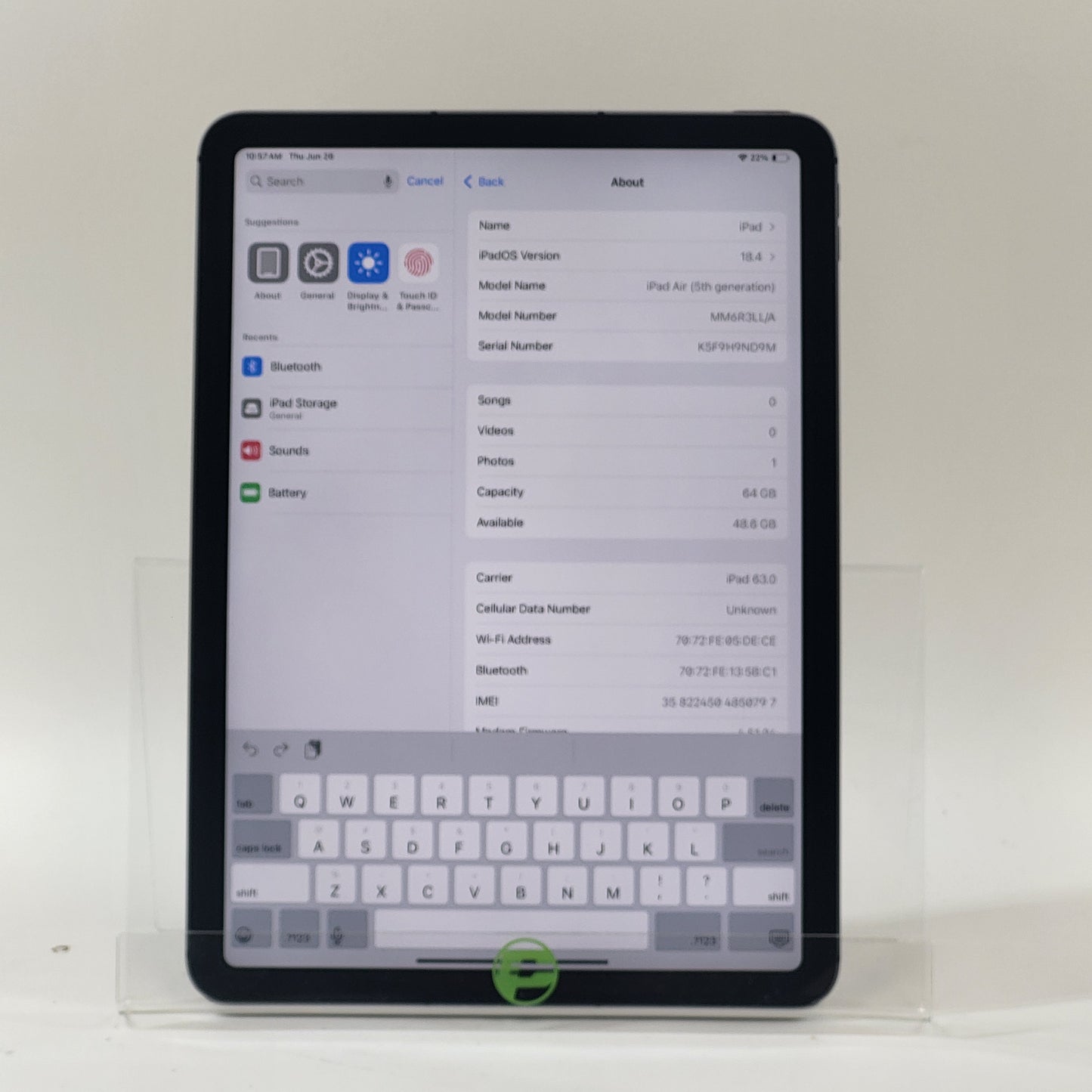 Factory Unlocked Apple iPad Air 5th Gen 64GB Space Gray MM6R3LL/A
