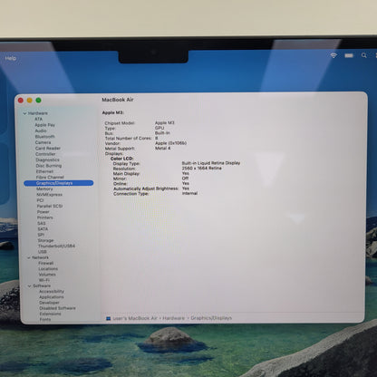 2023 Apple MacBook Air 13.6" M3 4.0GHz 8GB RAM 256GB SSD MRXV3LL/A