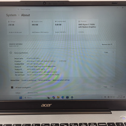 Acer Aspire 3 A325-42 15.6" Ryzen 5 7430U 2.3GHz 8GB RAM 256GB SSD