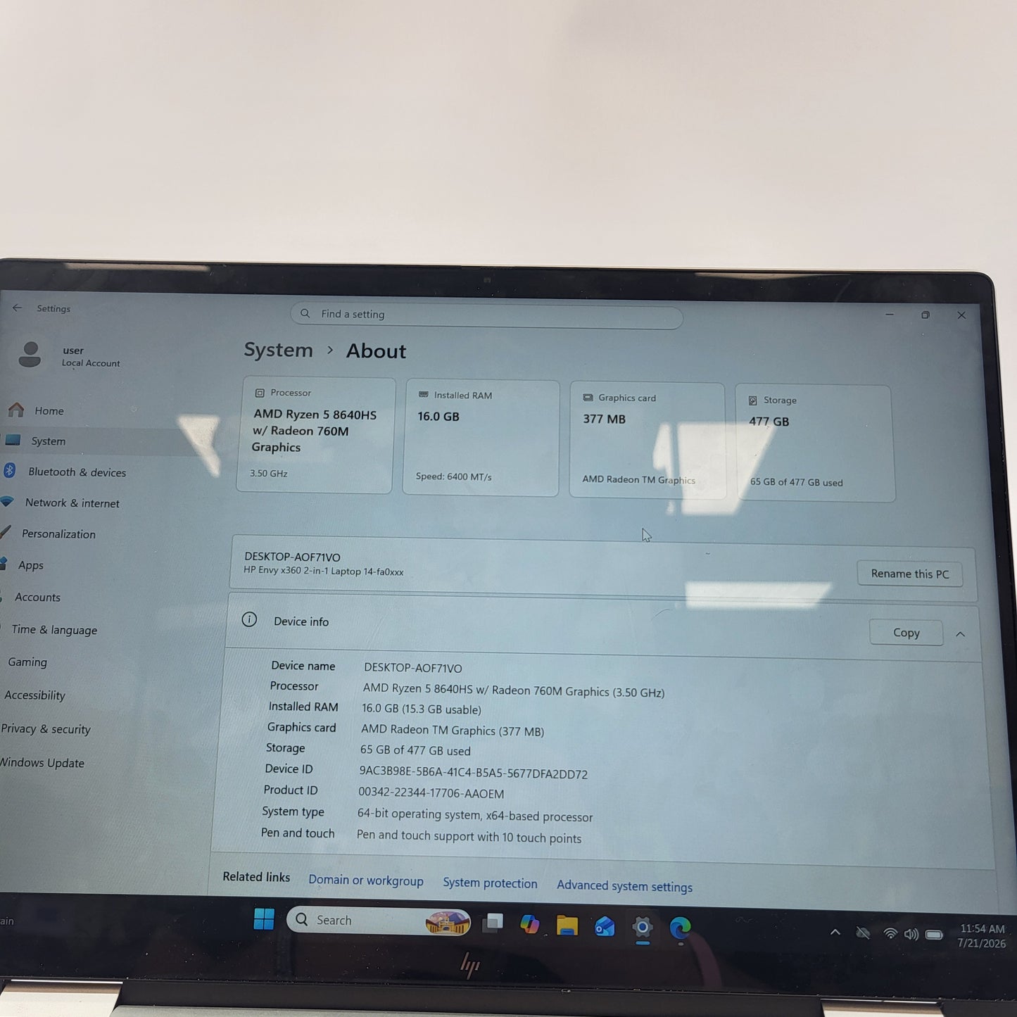 HP Envy x360 14-FA0013DX Ryzen 5 8640 HS w/Radeon 760M Graphics 16GB RAM 512GB