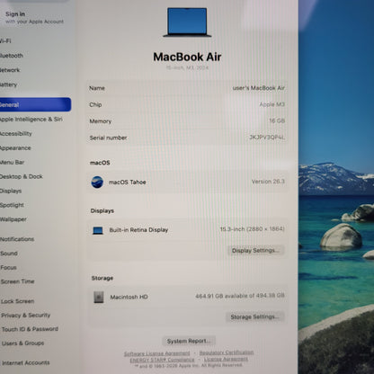 2024 Apple MacBook Air 15" M3 10C GPU 4.0GHz 16GB RAM 512GB SSD MXD43LL/A