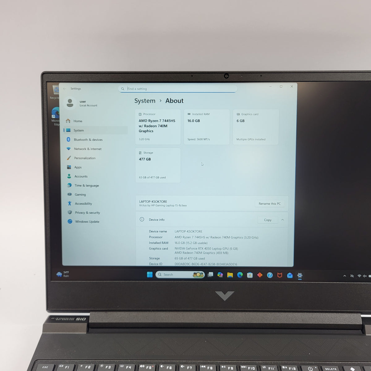 HP Victus 15-fb3093dx 15.6" Ryzen 7 7445HS 3.2GHz 16GB RAM 512GB GeForce RTX 4050